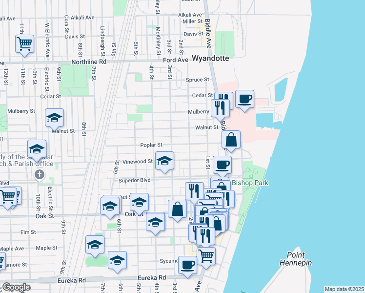 map of restaurants, bars, coffee shops, grocery stores, and more near 227 Poplar Street in Wyandotte