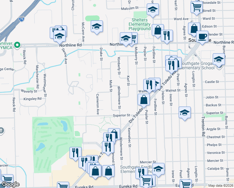 map of restaurants, bars, coffee shops, grocery stores, and more near 13664 Windermere Street in Southgate