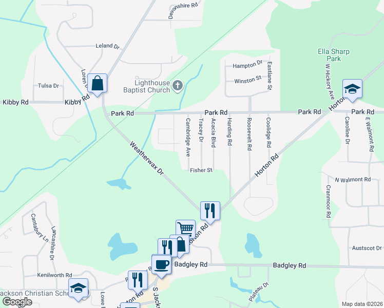 map of restaurants, bars, coffee shops, grocery stores, and more near 3449 Cambridge Avenue in Jackson