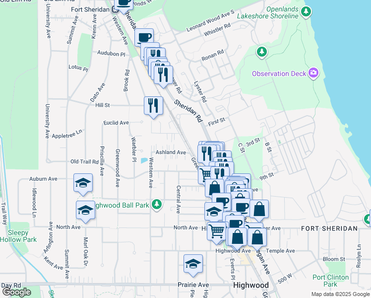 map of restaurants, bars, coffee shops, grocery stores, and more near 338 Ashland Avenue in Highwood