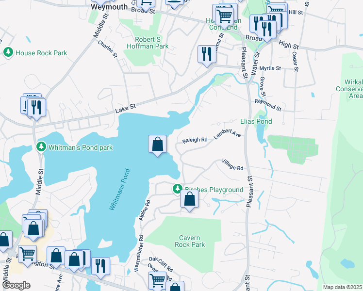 map of restaurants, bars, coffee shops, grocery stores, and more near 78 Raleigh Road in Weymouth