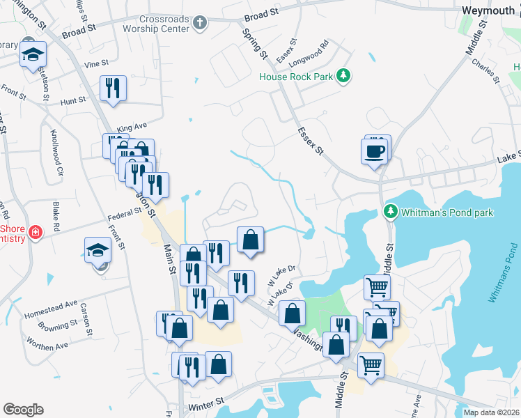 map of restaurants, bars, coffee shops, grocery stores, and more near 1 Avalon Drive in Weymouth