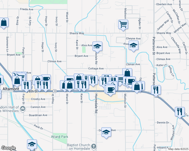 map of restaurants, bars, coffee shops, grocery stores, and more near 2120 Homedale Road in Klamath Falls