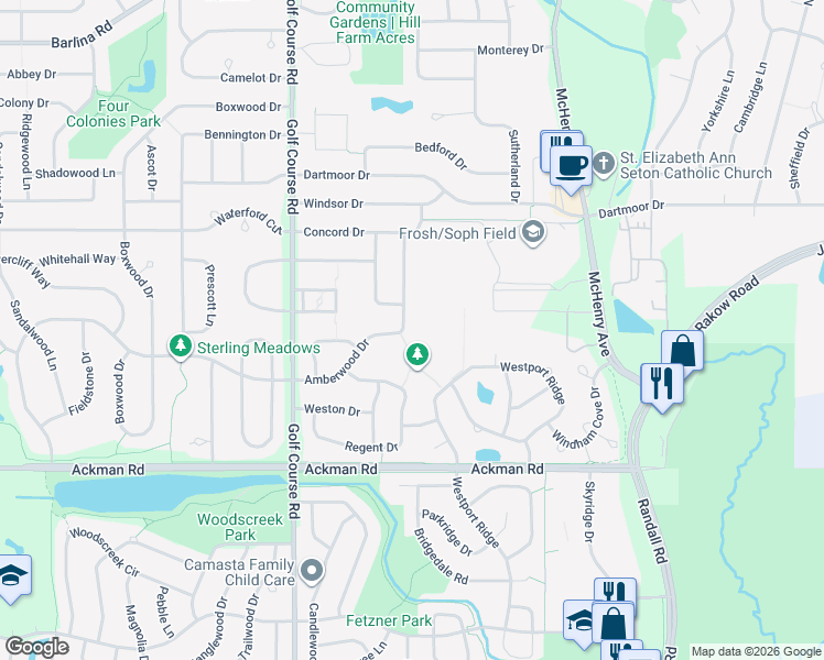 map of restaurants, bars, coffee shops, grocery stores, and more near 1175 Amberwood Drive in Crystal Lake