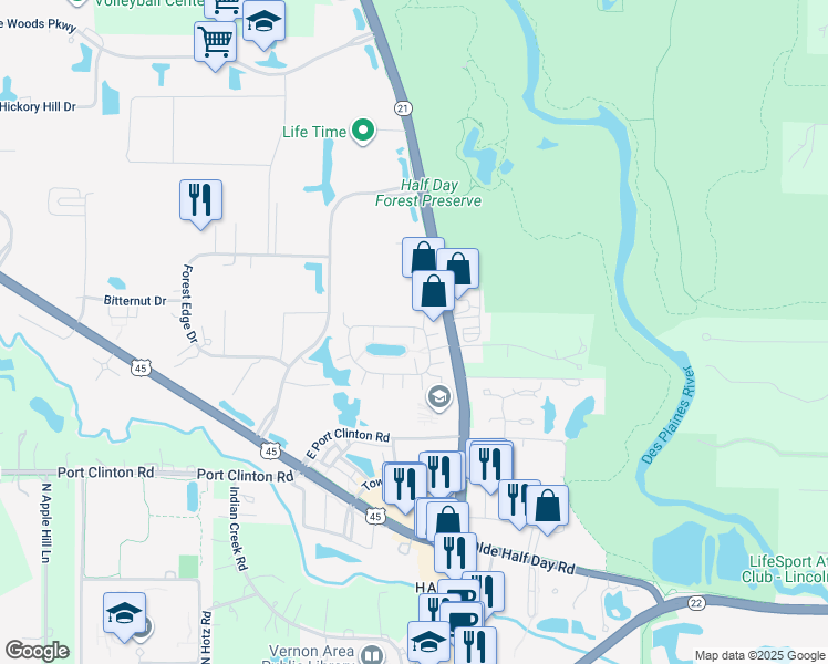 map of restaurants, bars, coffee shops, grocery stores, and more near 1125 Georgetown Way in Vernon Hills