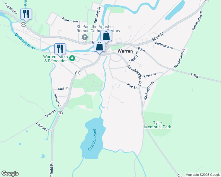 map of restaurants, bars, coffee shops, grocery stores, and more near 213 Comins Pond Road in Warren