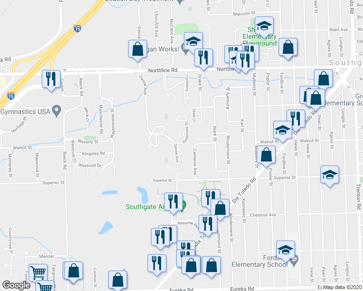 map of restaurants, bars, coffee shops, grocery stores, and more near 13601 Greenfield Way in Southgate