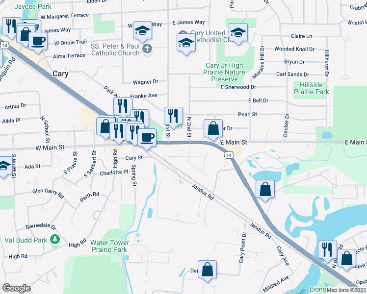 map of restaurants, bars, coffee shops, grocery stores, and more near 15 Northwest Highway in Cary