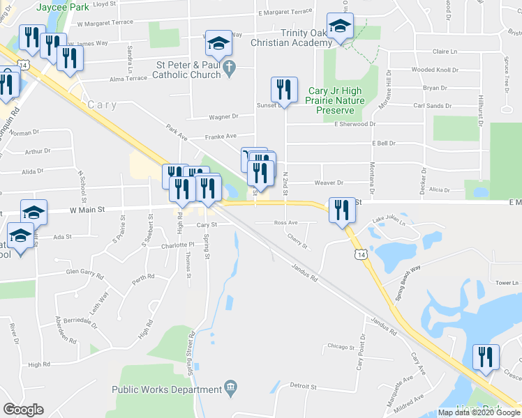 map of restaurants, bars, coffee shops, grocery stores, and more near 15 Northwest Highway in Cary
