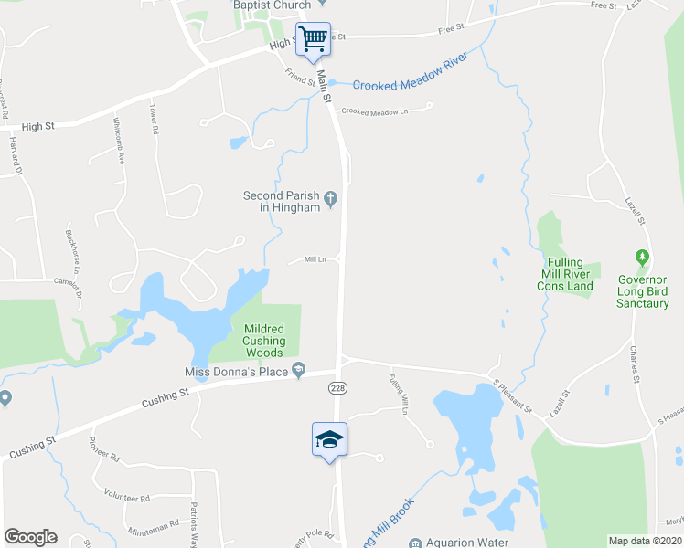 map of restaurants, bars, coffee shops, grocery stores, and more near Main Street in Hingham