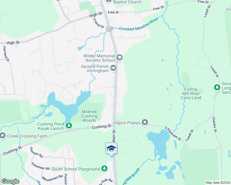 map of restaurants, bars, coffee shops, grocery stores, and more near Main Street in Hingham