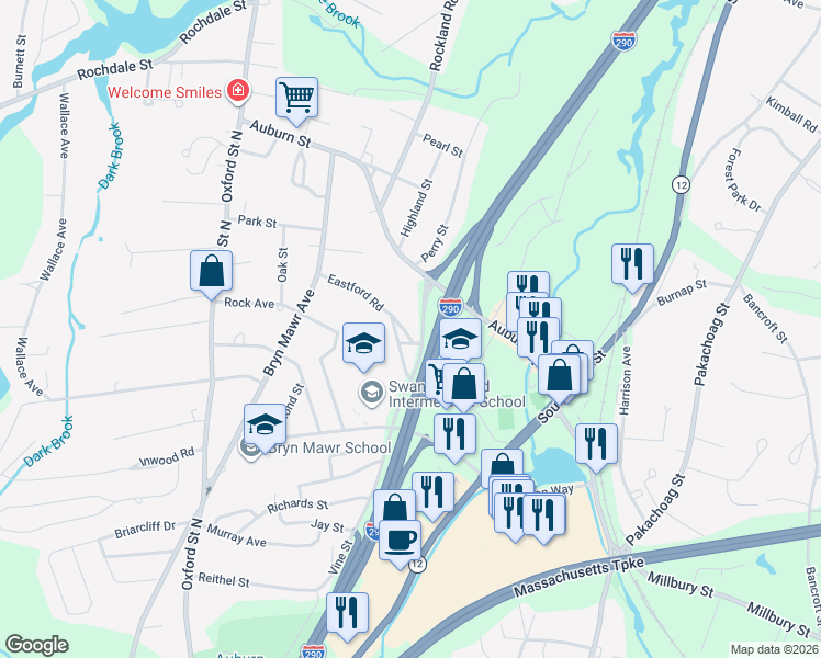 map of restaurants, bars, coffee shops, grocery stores, and more near 31 Eastford Road in Auburn