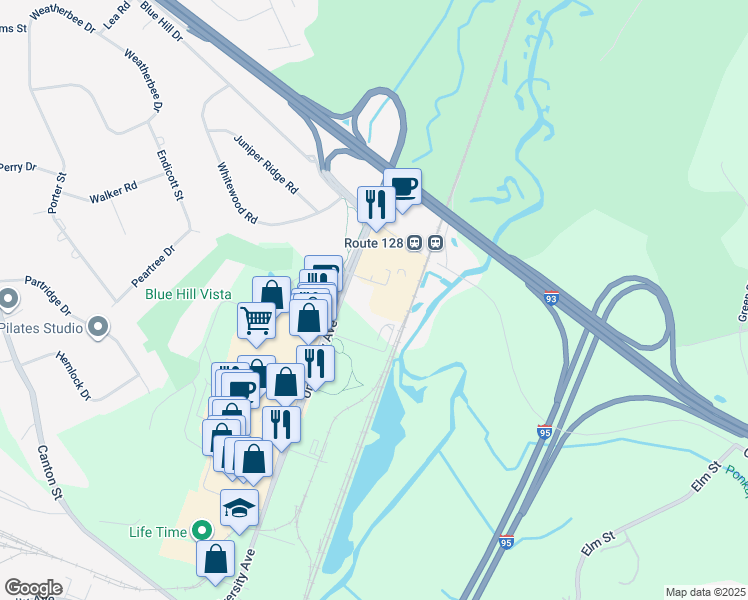 map of restaurants, bars, coffee shops, grocery stores, and more near 505 Blue Hill Drive in Westwood