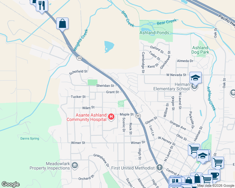 map of restaurants, bars, coffee shops, grocery stores, and more near in Ashland