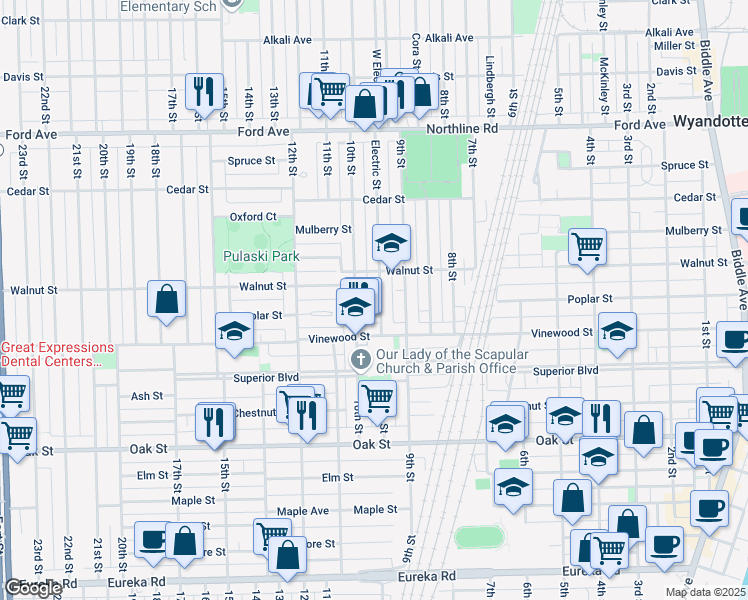 map of restaurants, bars, coffee shops, grocery stores, and more near 2460 Electric St in Wyandotte