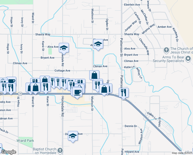 map of restaurants, bars, coffee shops, grocery stores, and more near 2143 Madison Street in Klamath Falls