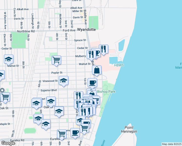 map of restaurants, bars, coffee shops, grocery stores, and more near 79 Poplar Street in Wyandotte