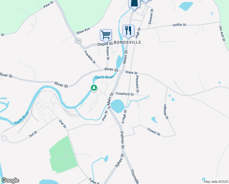 map of restaurants, bars, coffee shops, grocery stores, and more near 3065 South Main Street in Palmer