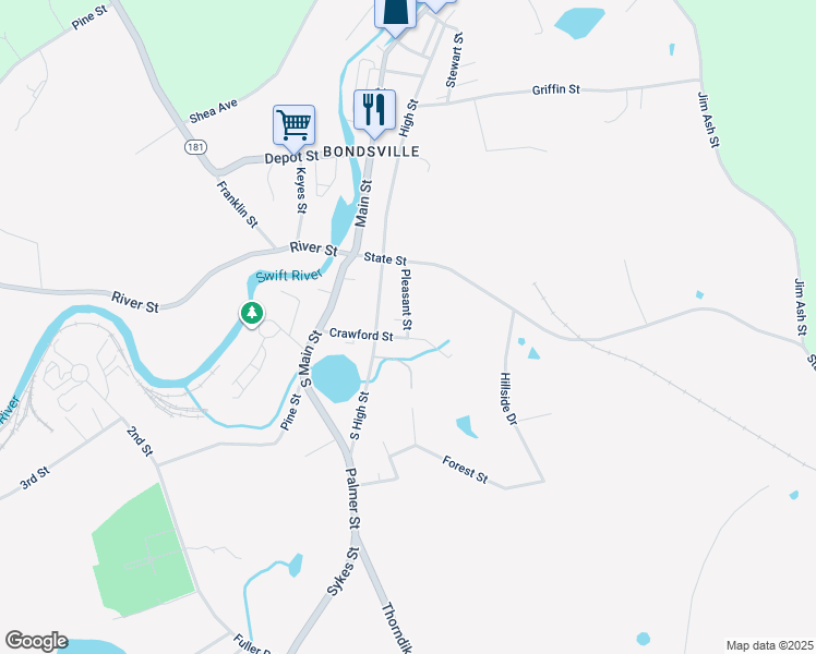 map of restaurants, bars, coffee shops, grocery stores, and more near 3049 Pleasant Street in Palmer