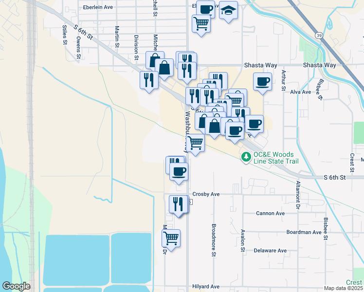 map of restaurants, bars, coffee shops, grocery stores, and more near 2128 Washburn Way in Klamath Falls