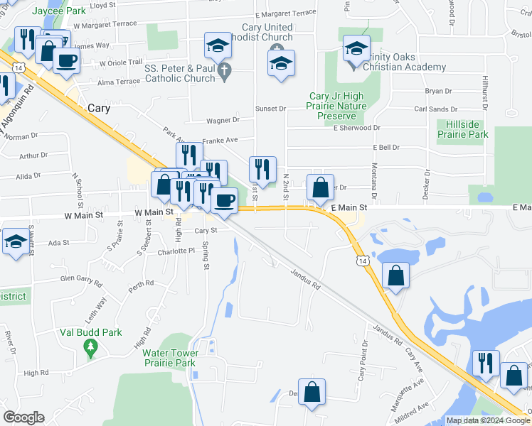 map of restaurants, bars, coffee shops, grocery stores, and more near 15 Northwest Highway in Cary