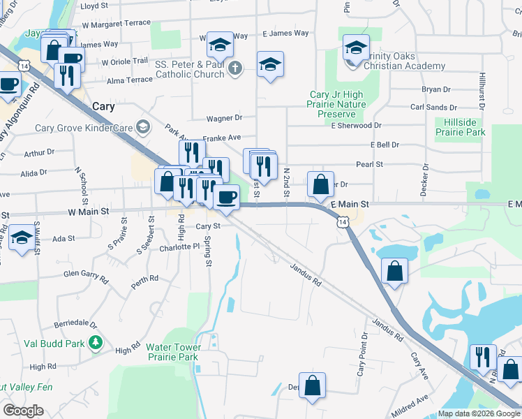 map of restaurants, bars, coffee shops, grocery stores, and more near 15 Northwest Highway in Cary