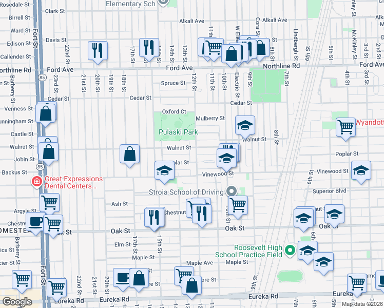 map of restaurants, bars, coffee shops, grocery stores, and more near 2422 12th Street in Wyandotte