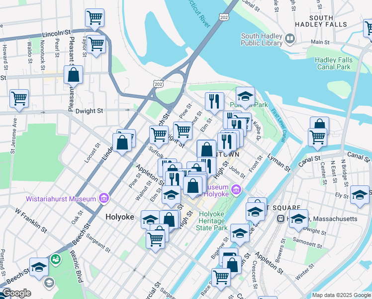 map of restaurants, bars, coffee shops, grocery stores, and more near 690 Dwight Street in Holyoke