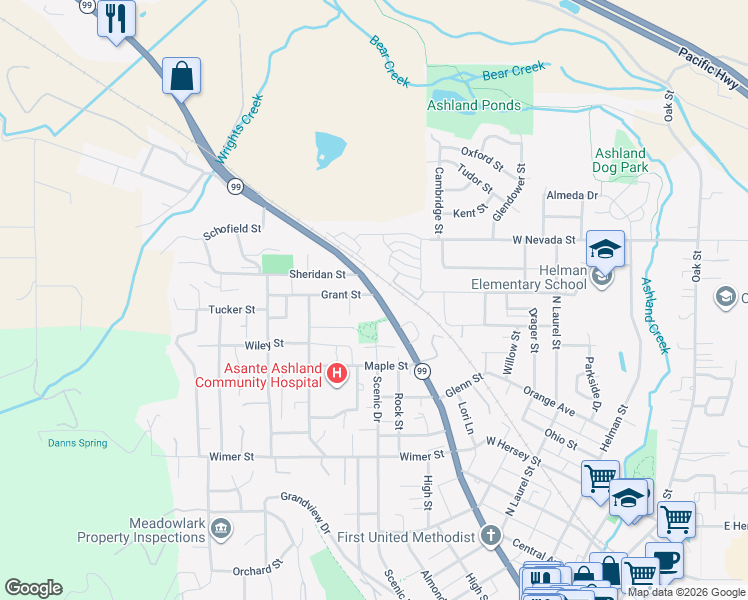 map of restaurants, bars, coffee shops, grocery stores, and more near 700 North Main Street in Ashland
