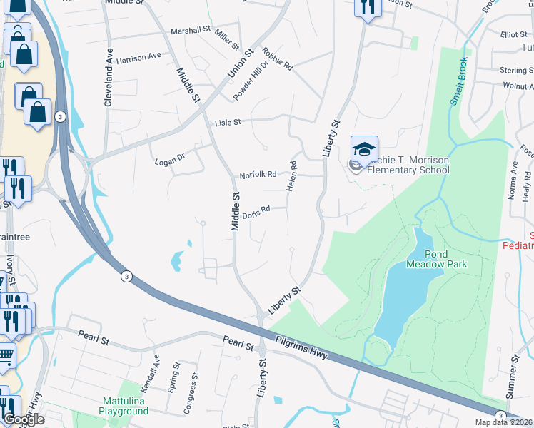 map of restaurants, bars, coffee shops, grocery stores, and more near 24 Doris Road in Braintree