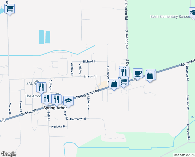 map of restaurants, bars, coffee shops, grocery stores, and more near 3531 West Gordon Drive in Spring Arbor