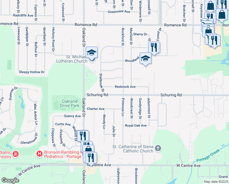 map of restaurants, bars, coffee shops, grocery stores, and more near 1718 Schuring Road in Portage
