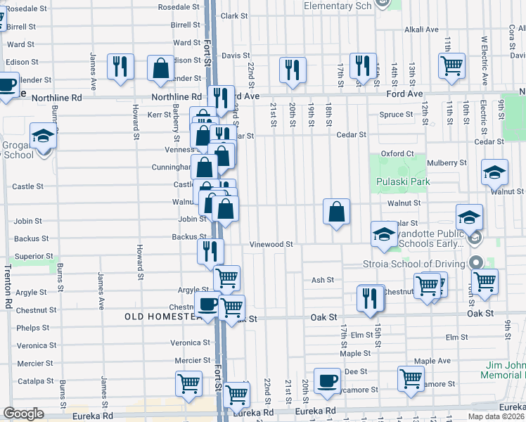 map of restaurants, bars, coffee shops, grocery stores, and more near 2411 22nd Street in Wyandotte