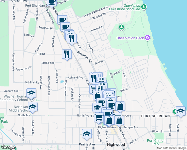 map of restaurants, bars, coffee shops, grocery stores, and more near 634 Sheridan Road in Highwood