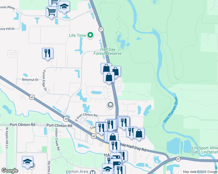 map of restaurants, bars, coffee shops, grocery stores, and more near 1104 Georgetown Way in Vernon Hills