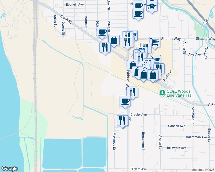 map of restaurants, bars, coffee shops, grocery stores, and more near 2350 Maywood Drive in Klamath Falls
