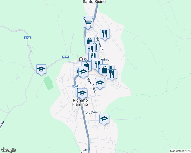 map of restaurants, bars, coffee shops, grocery stores, and more near 5 Via degli Orti in Rignano Flaminio