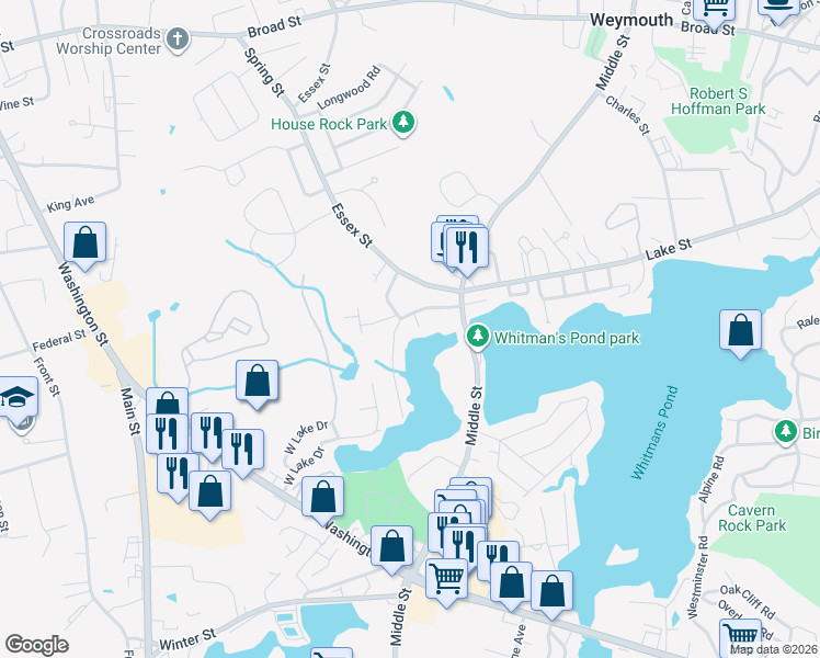 map of restaurants, bars, coffee shops, grocery stores, and more near 48 Greenwood Avenue in Weymouth