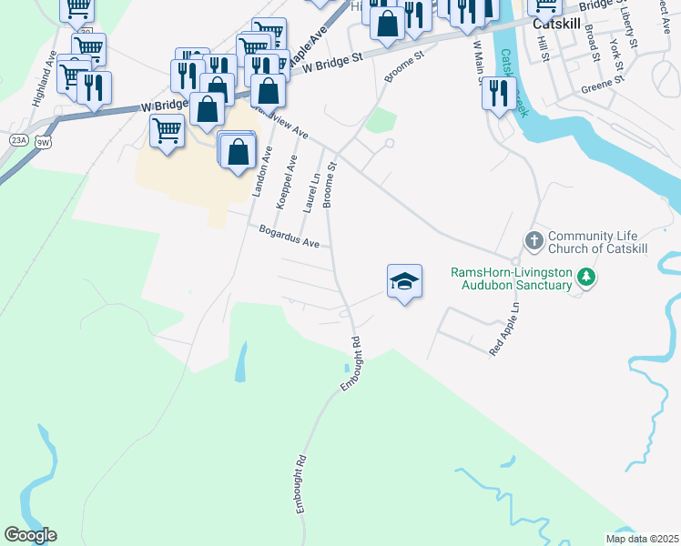 map of restaurants, bars, coffee shops, grocery stores, and more near 269 Broome Street in Catskill