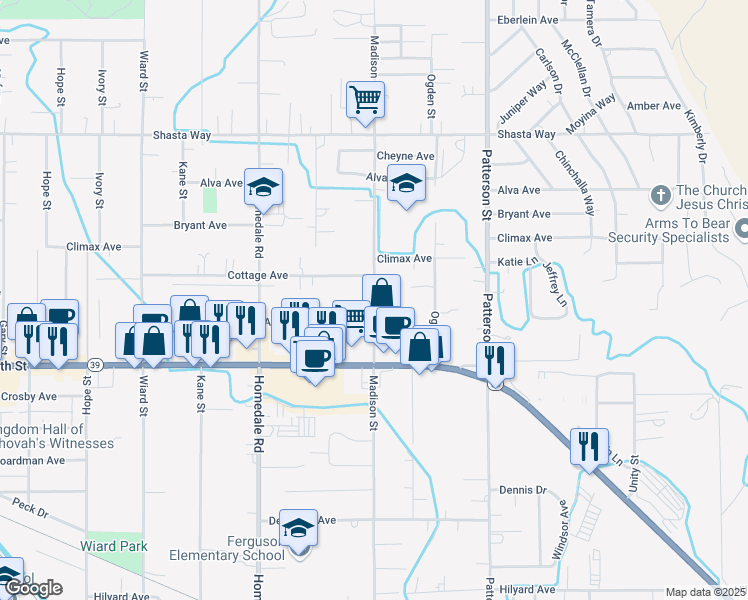 map of restaurants, bars, coffee shops, grocery stores, and more near 2143 Madison Street in Klamath Falls