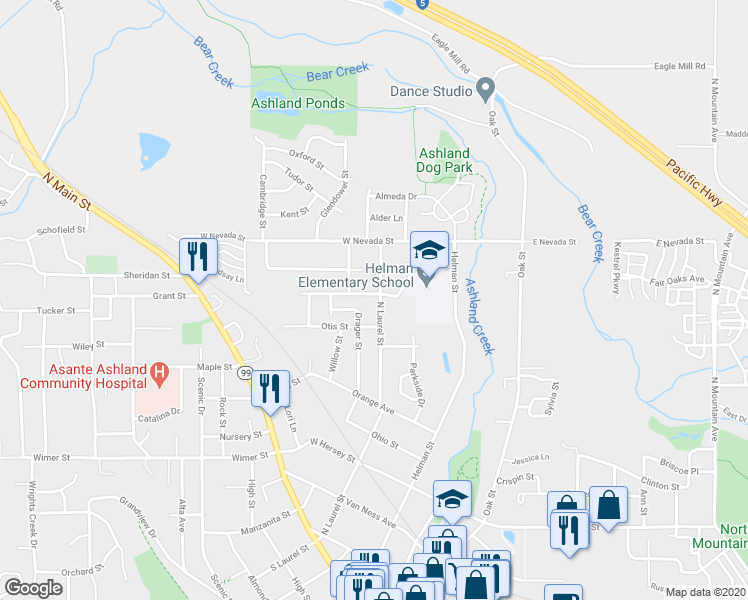 map of restaurants, bars, coffee shops, grocery stores, and more near 599 North Laurel Street in Ashland