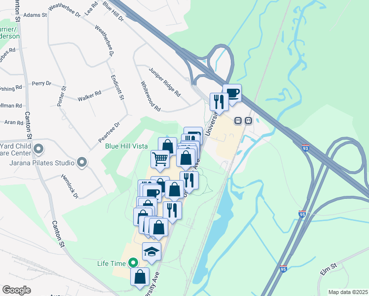 map of restaurants, bars, coffee shops, grocery stores, and more near 95 University Avenue in Westwood
