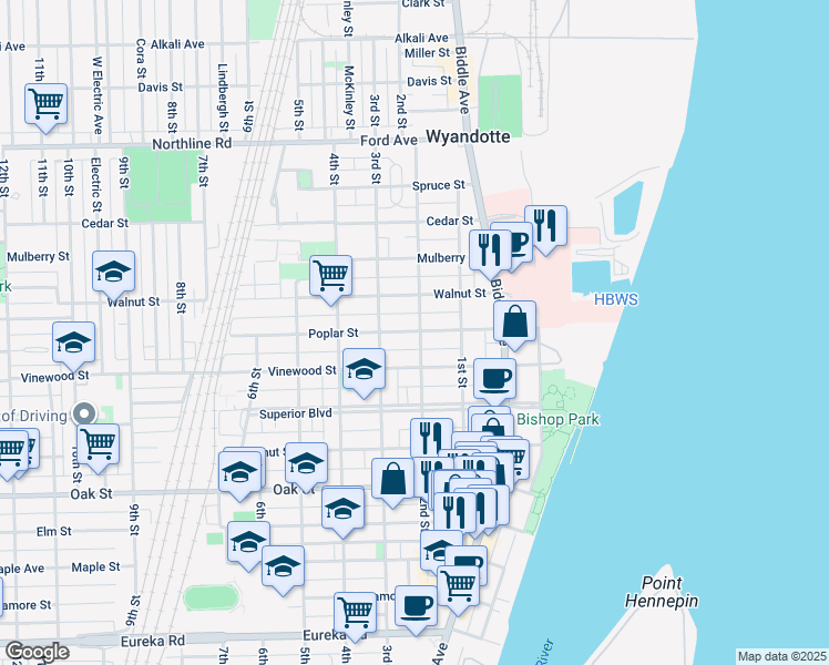 map of restaurants, bars, coffee shops, grocery stores, and more near 227 Poplar Street in Wyandotte