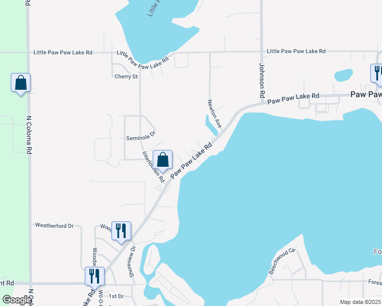 map of restaurants, bars, coffee shops, grocery stores, and more near 5354 Paw Paw Lake Road in Coloma