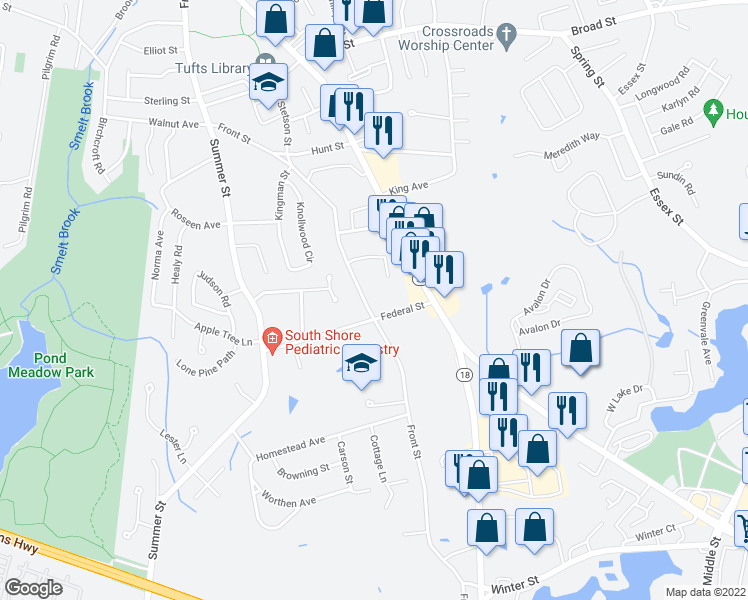 map of restaurants, bars, coffee shops, grocery stores, and more near 328 Front Street in Weymouth