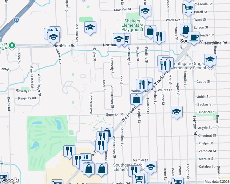 map of restaurants, bars, coffee shops, grocery stores, and more near 13664 Windermere Street in Southgate