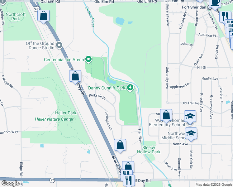 map of restaurants, bars, coffee shops, grocery stores, and more near 3063 Centennial Lane in Highland Park