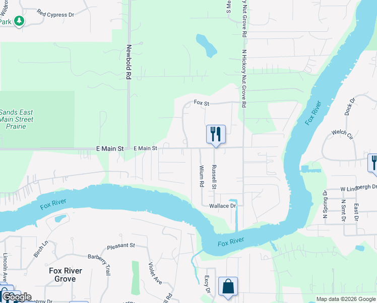 map of restaurants, bars, coffee shops, grocery stores, and more near 315 Main Street Road in Cary