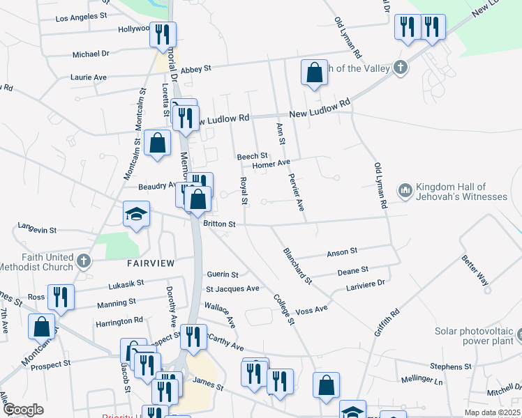 map of restaurants, bars, coffee shops, grocery stores, and more near 61 Russell Terrace in Chicopee
