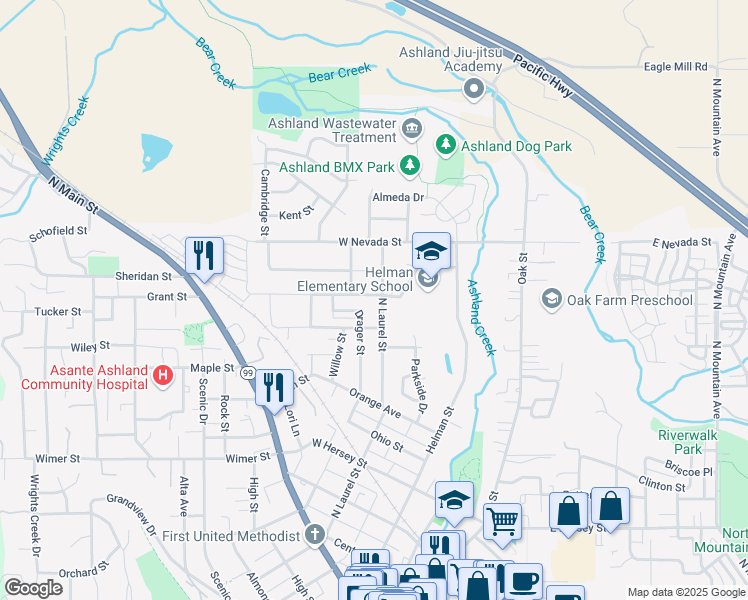 map of restaurants, bars, coffee shops, grocery stores, and more near 599 North Laurel Street in Ashland